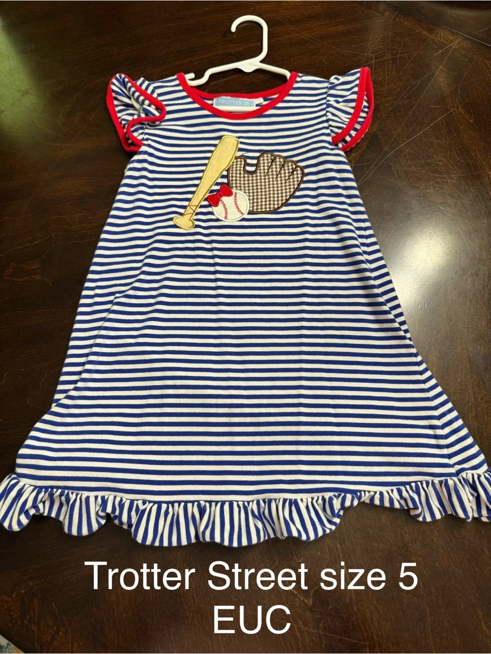 Baseball Appliqué Dress in Royal Blue stripes outlined in red Size 5